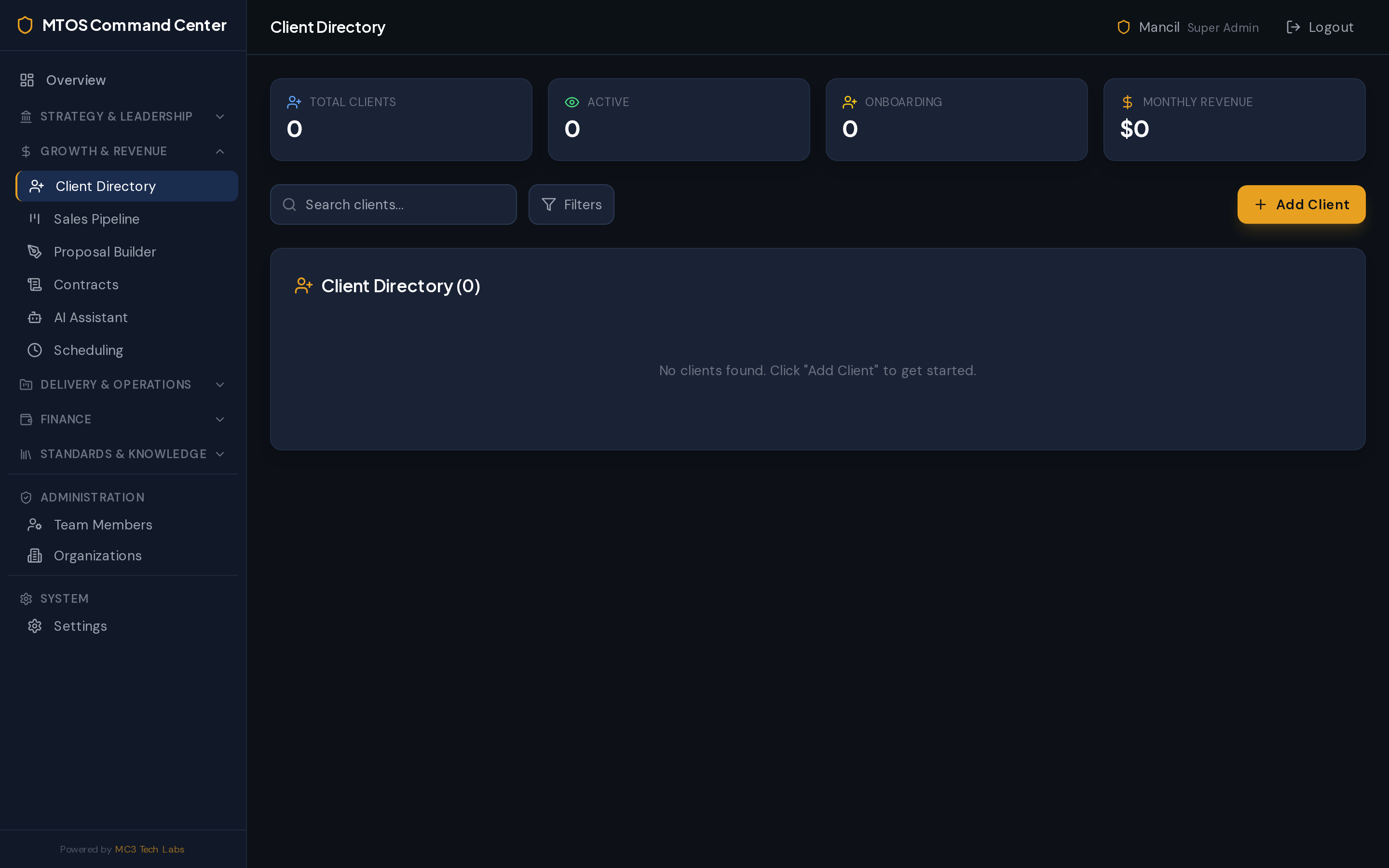 Client directory in MTOS Command Center